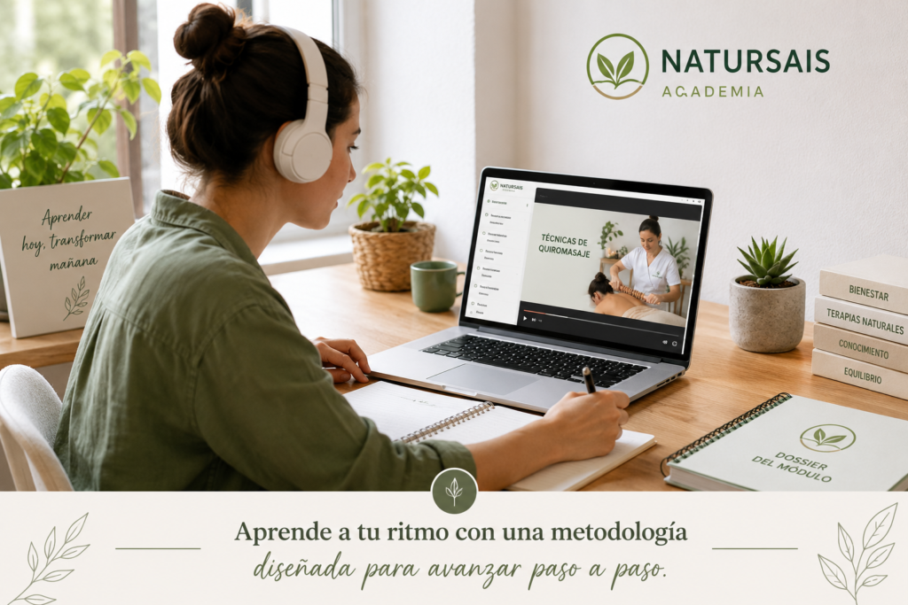 Alumna estudiando un curso online de terapias naturales en la plataforma de la Academia NaturSais.