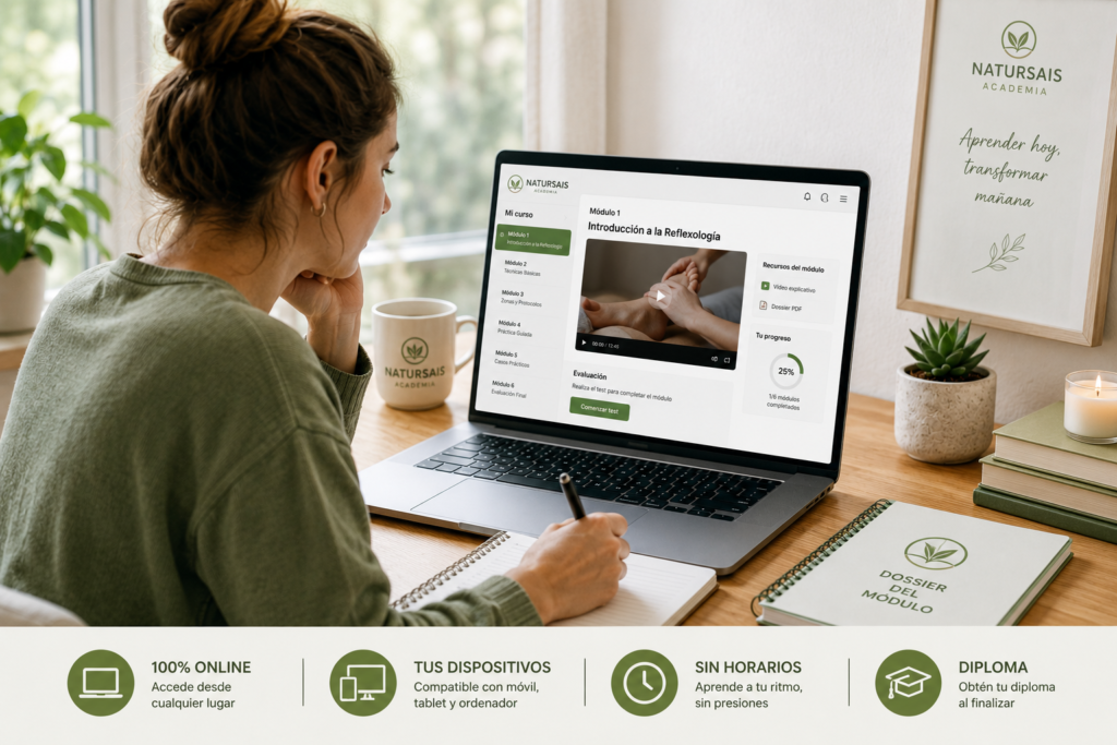 Alumna estudiando un curso online desde la plataforma de la Academia NaturSais en ordenador portátil.