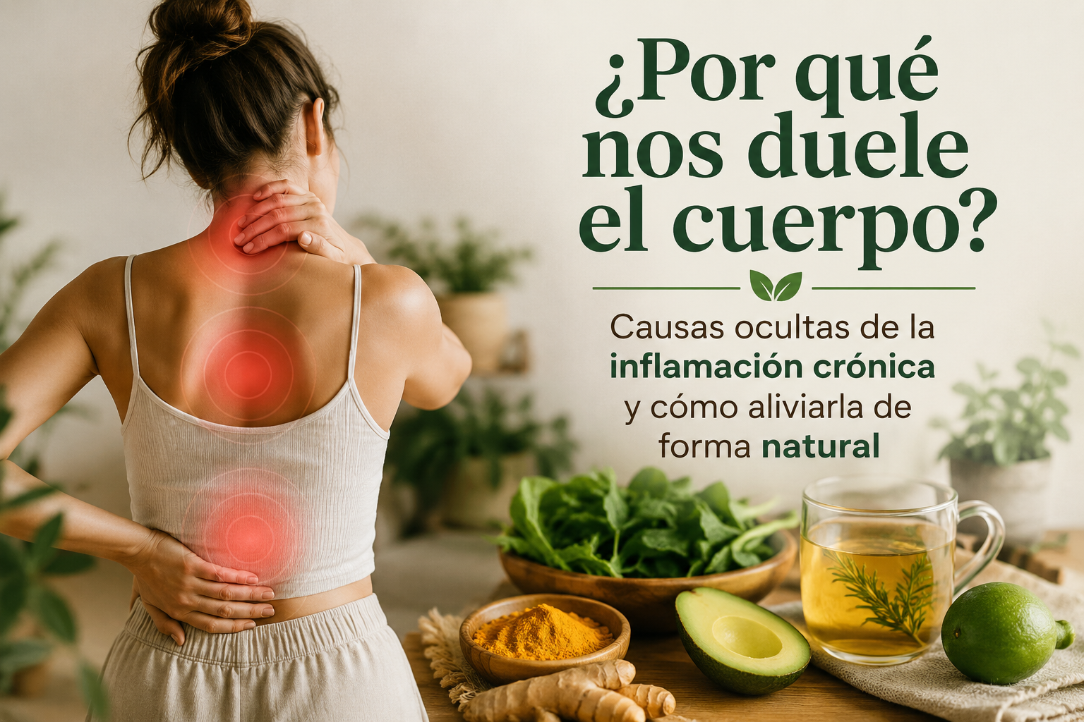Persona con dolor en cuello y espalda debido a la inflamación crónica junto a alimentos naturales con propiedades antiinflamatorias.