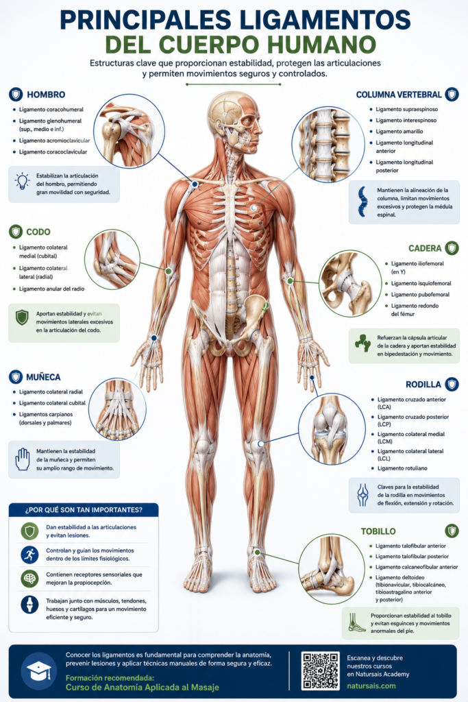 Principales ligamentos del cuerpo humano mostrando las estructuras del hombro, codo, muñeca, columna vertebral, cadera, rodilla y tobillo.