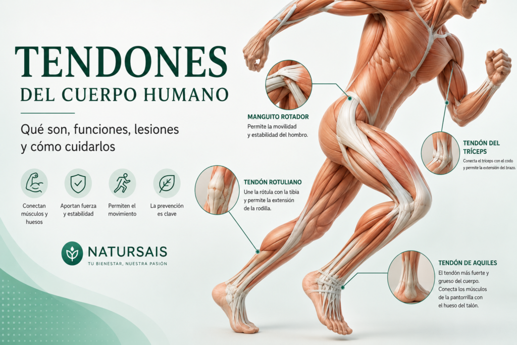 Ilustración anatómica de los tendones del cuerpo humano que muestra la ubicación de los principales tendones y su función en el movimiento de las articulaciones.