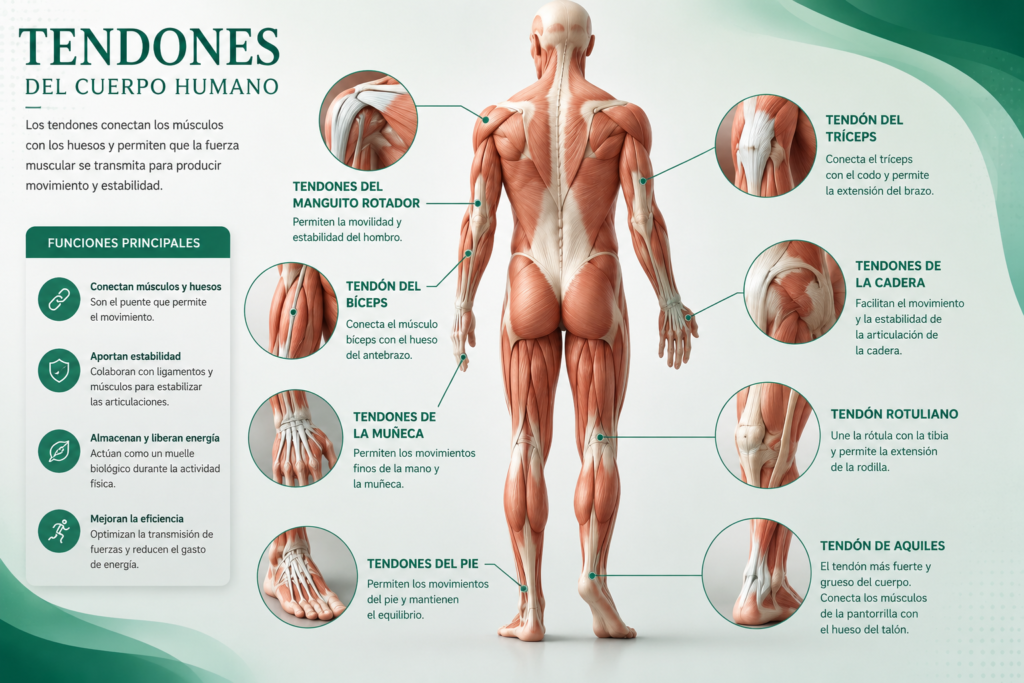 Infografía de los tendones del cuerpo humano que muestra su estructura, funciones y la localización de los principales tendones, como el tendón de Aquiles, el rotuliano, el bíceps y el manguito rotador.