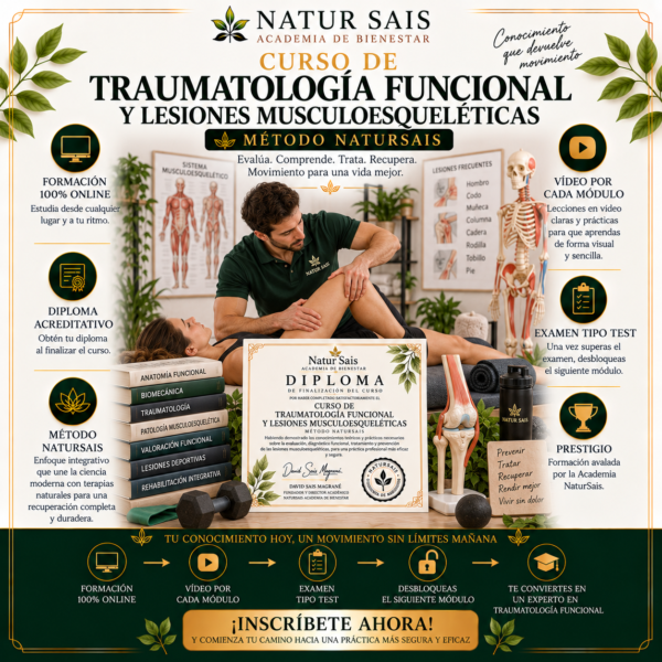 Cartel del Curso Profesional de Traumatología Funcional y Lesiones Musculoesqueléticas Online de Natursais Academy