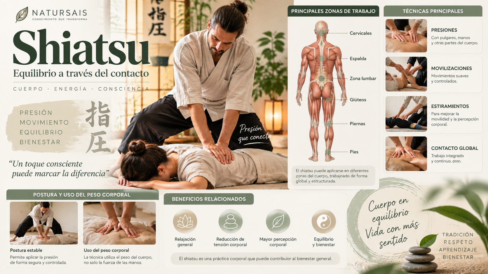 Anatomía y técnicas de shiatsu: presión, contacto y puntos corporales