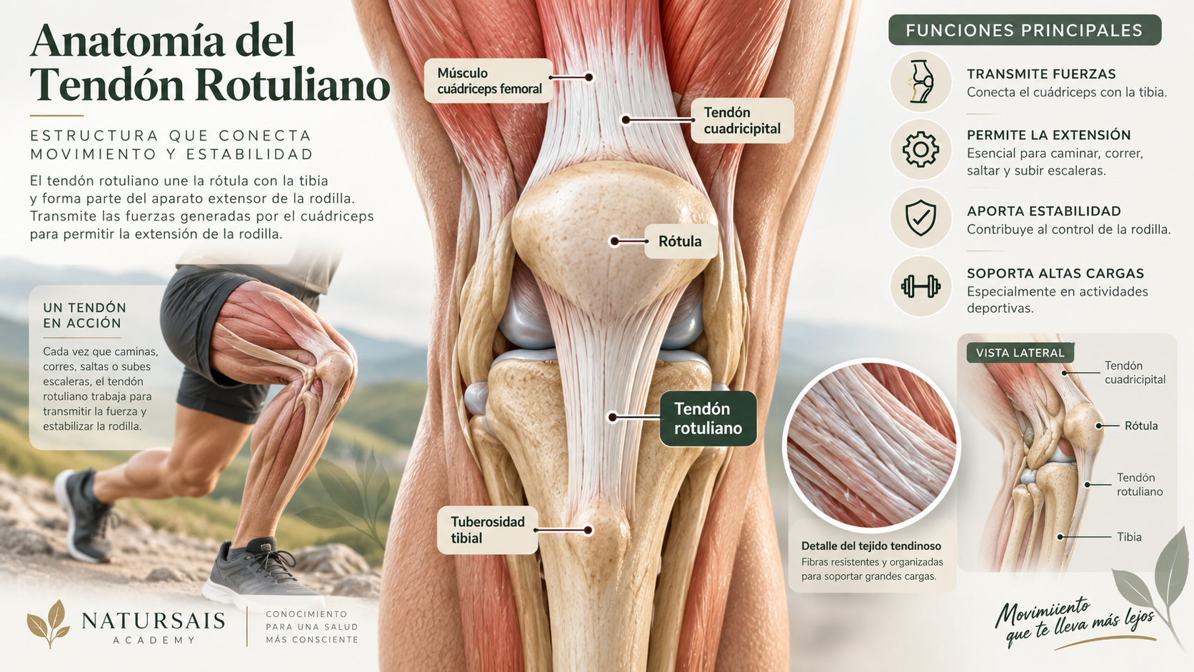 Anatomía del tendón rotuliano, rótula, cuádriceps y tibia