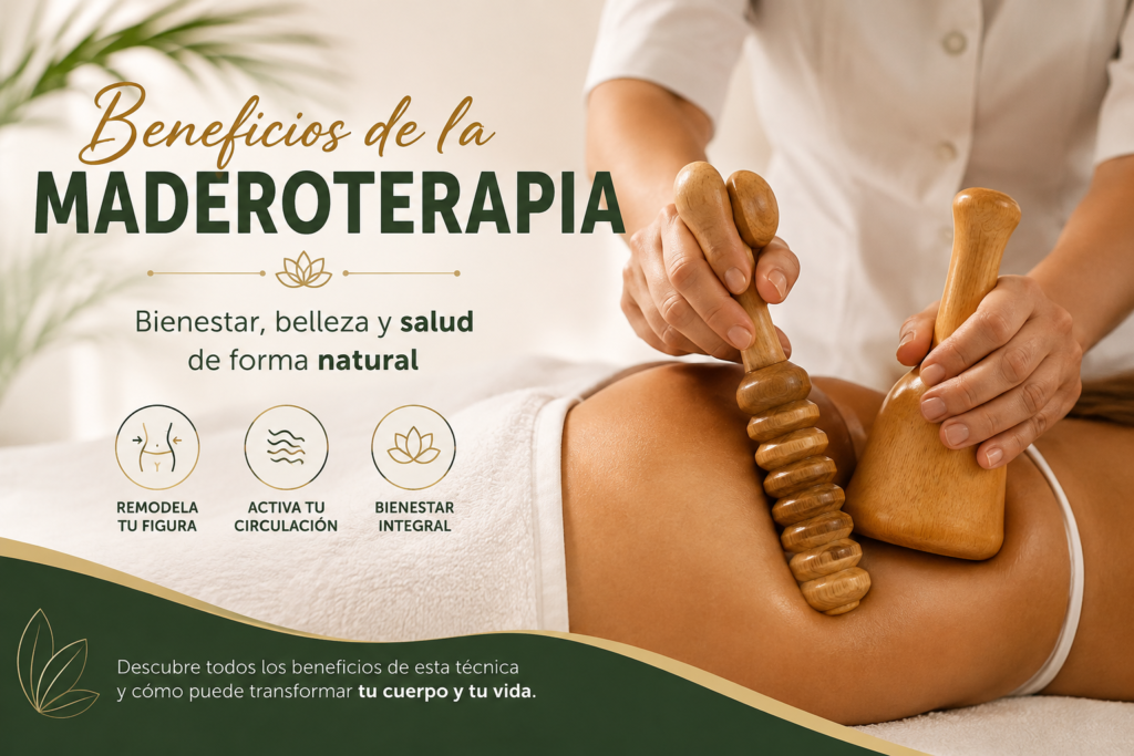 Maderoterapia corporal realizada con herramientas de madera para mejorar la circulación, reducir la celulitis y remodelar la figura.