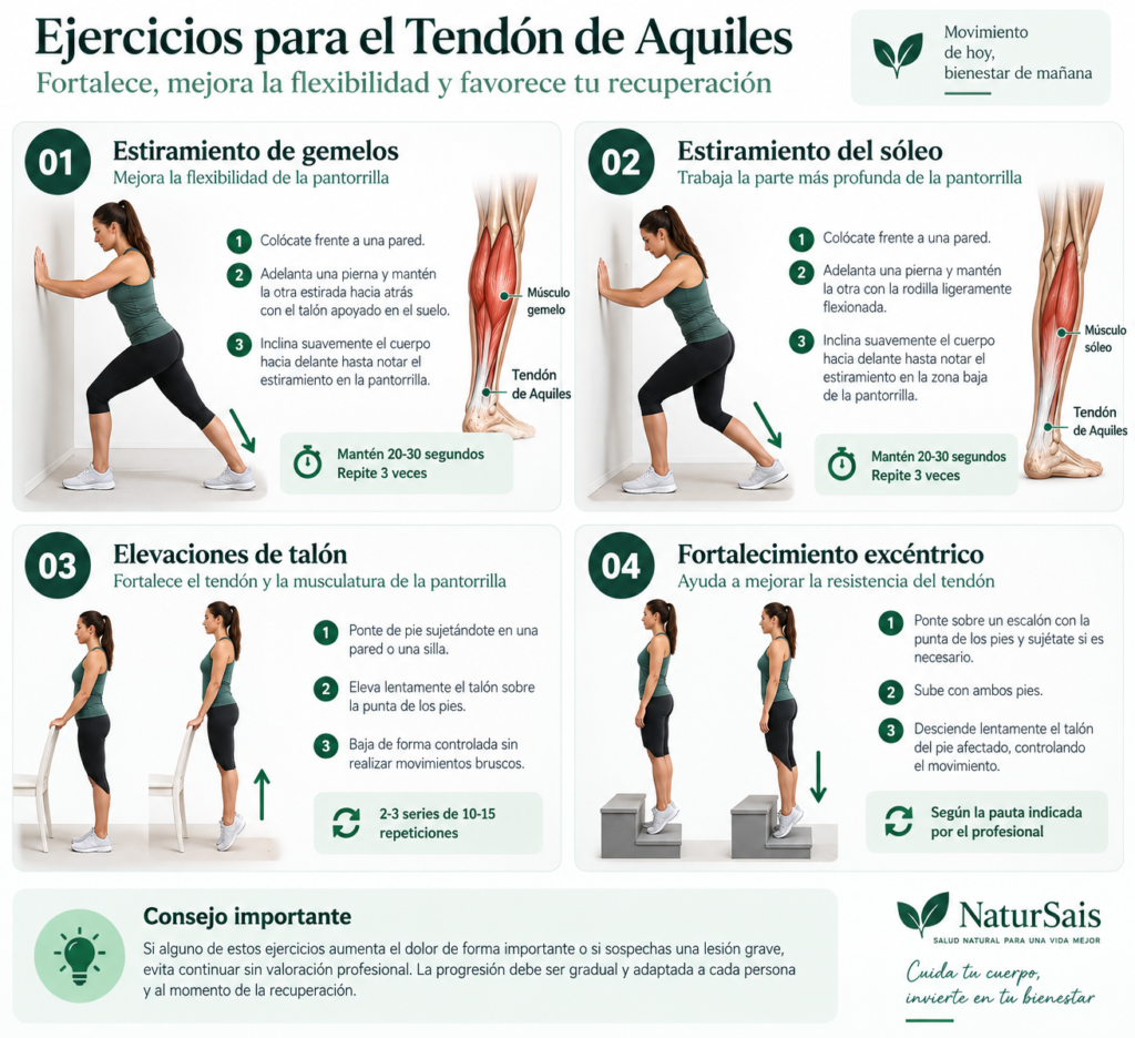 Infografía con ejercicios para fortalecer y estirar el tendón de Aquiles de forma progresiva.
