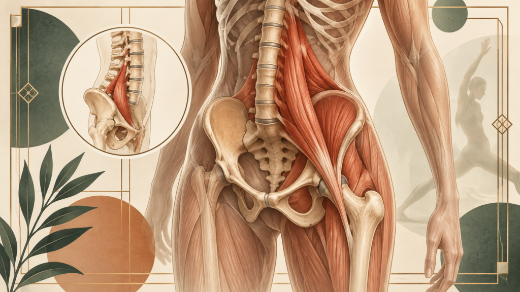 Ilustración anatómica del músculo psoas ilíaco y su ubicación en la cadera