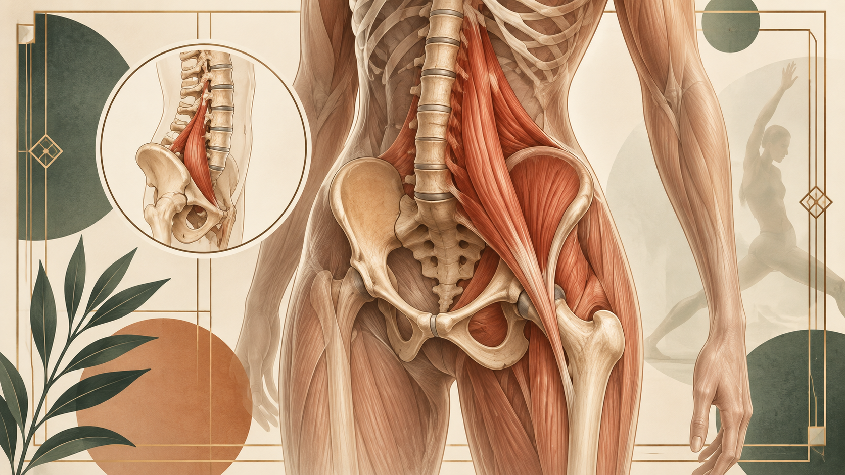 Ilustración anatómica del músculo psoas ilíaco y su ubicación en la cadera